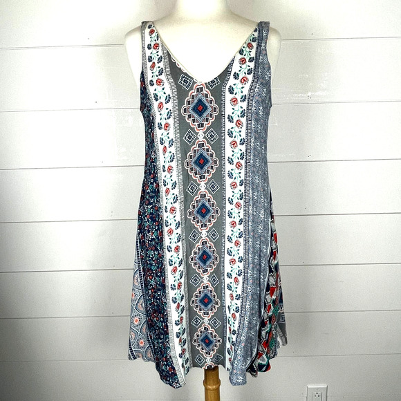 Blush Dress Womens Small Blue Mini Sleeveless V Neck Floral Aztec Fringe Casual - Picture 1 of 10